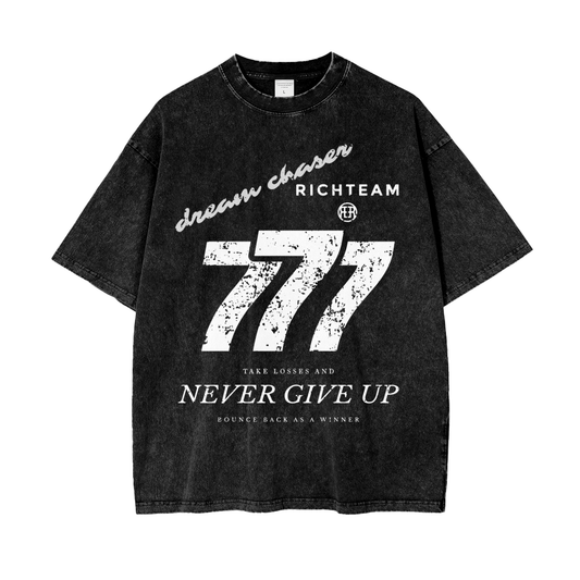 RICHTEAM Black Oversize T-shirt - Dream Chaser 777 NGU Acid Wash Oversize Tee - 250 GSM