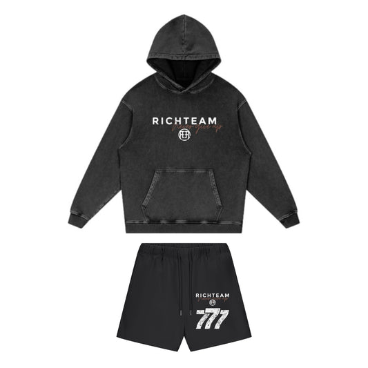 Black RICHTEAM Lambo Red NGU Acid Wash Oversize Shorts Set - 777 Car Club - Black