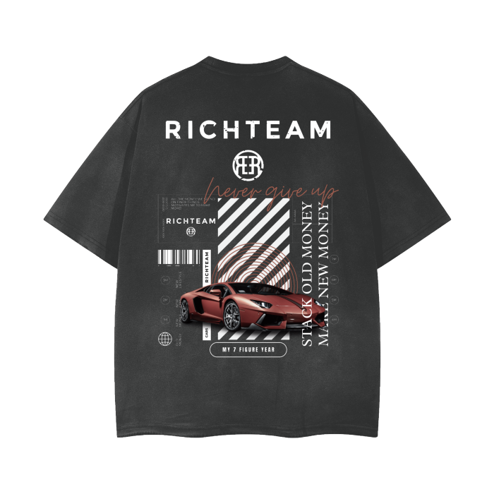 RICHTEAM Black Oversize T-shirt - Lambo Red NGU 1.0 - 777 Car Club Vintage Wash Frayed Oversize Tee - 260 GSM