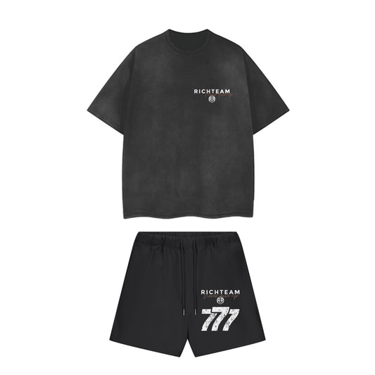 RICHTEAM Black Oversize Shorts Set - Lambo Red NGU 2.0 - 777 Car Club Vintage Wash Frayed Oversize Tee - 260 GSM