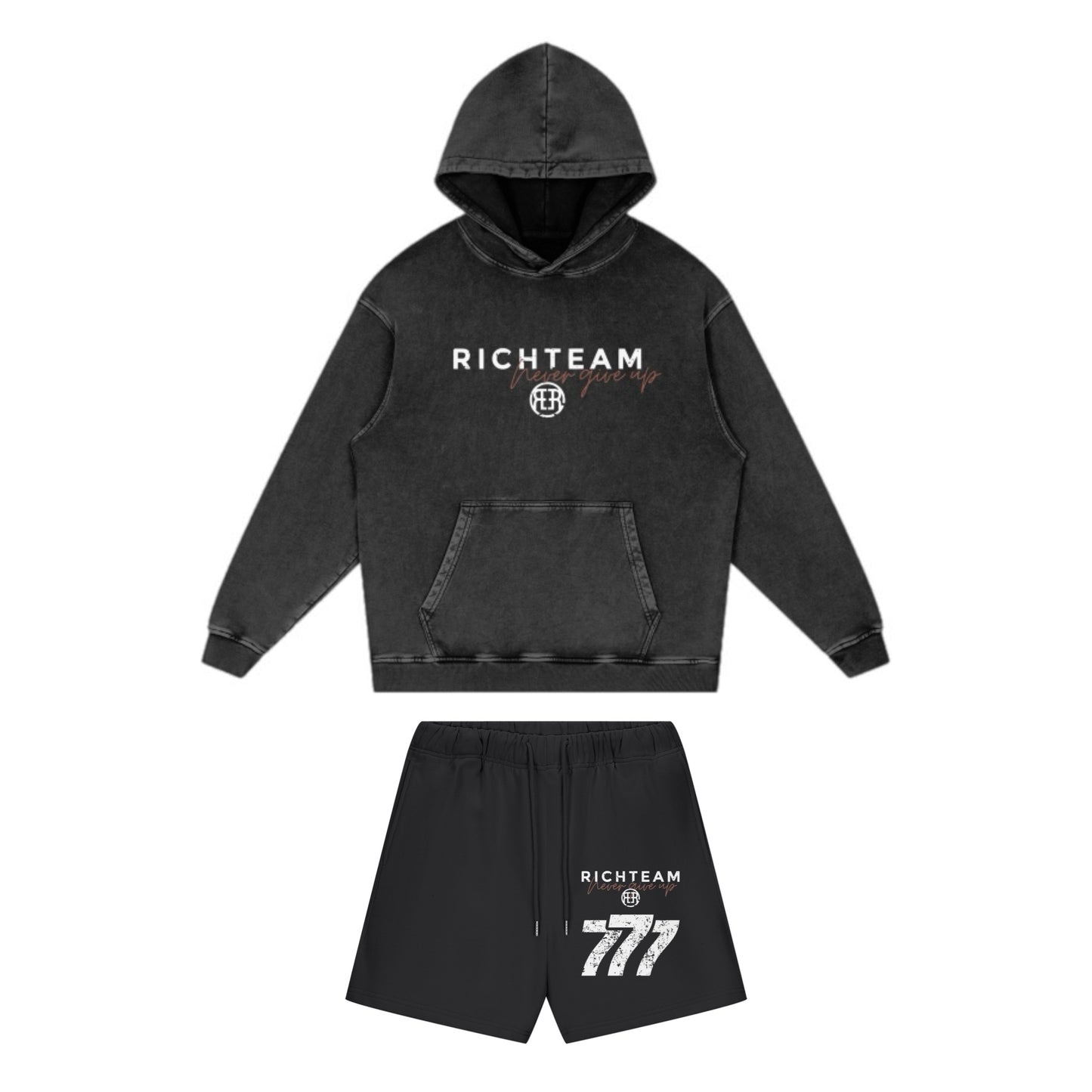 Black RICHTEAM Lambo Red NGU Acid Wash Oversize Shorts Set - 777 Car Club - Black