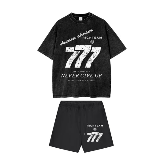 RICHTEAM Black Oversize Shorts Set - Dream Chaser 777 NGU Acid Wash Oversize Tee - 250 GSM