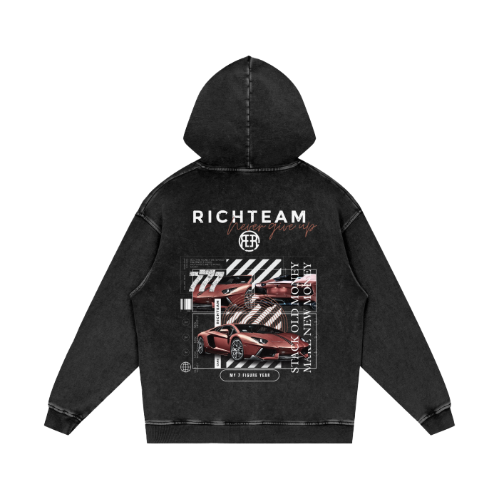 Black RICHTEAM Lambo Red NGU Acid Wash Oversize Shorts Set - 777 Car Club - Black