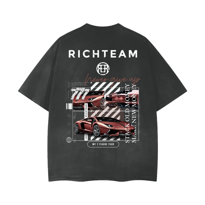 RICHTEAM Black Oversize T-shirt - Lambo Red NGU 2.0 - 777 Car Club Vintage Wash Frayed Oversize Tee - 260 GSM