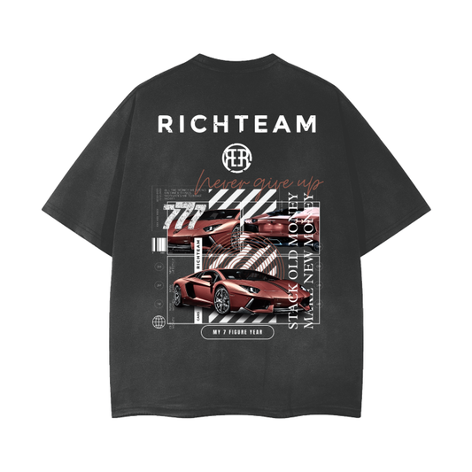 RICHTEAM Oversize T-shirt - Red Lamborghini 777 NGU Vintage Wash Frayed Oversize Tee - 260 GSM